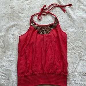 Dynamite Red Y2K Halter Beaded Top | Summer Party Style | Boho Glam Festival L
